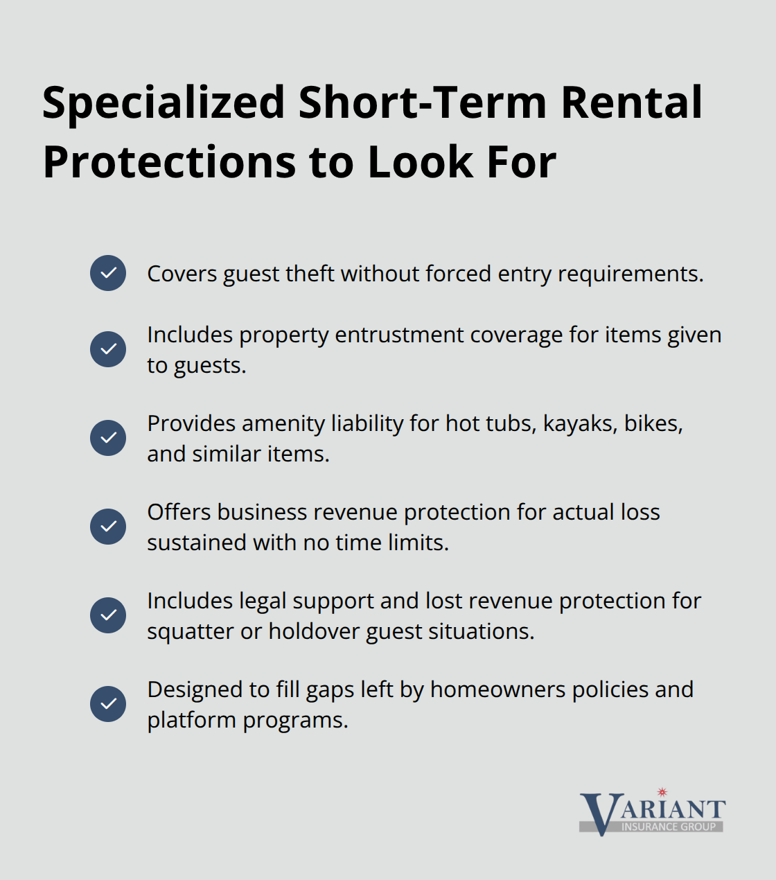 Checklist of key protections specialized short-term rental policies provide for Minnesota hosts.