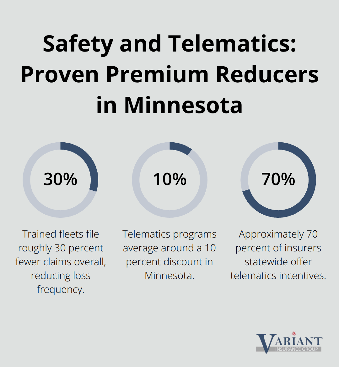 Percentages showing claim reduction and telematics adoption/discounts for Minnesota fleets. - Auto fleet insurance Minnesota