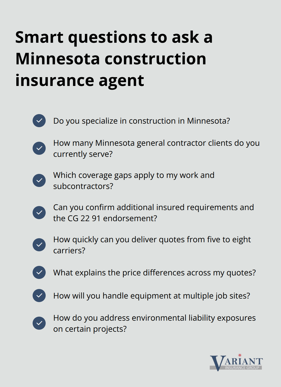 Checklist of targeted questions to vet a Minnesota construction insurance agent. - General contractor insurance Minnesota