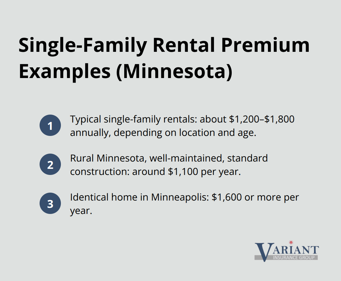Compact list showing Minnesota single-family landlord insurance premium examples by location.