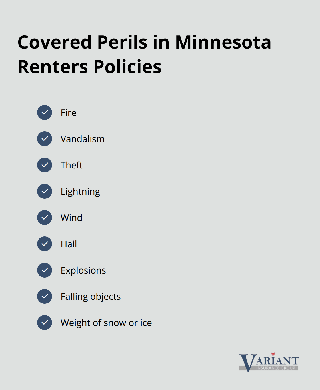 Checklist of common perils covered by standard Minnesota renters insurance policies - Maple Plain rental insurance