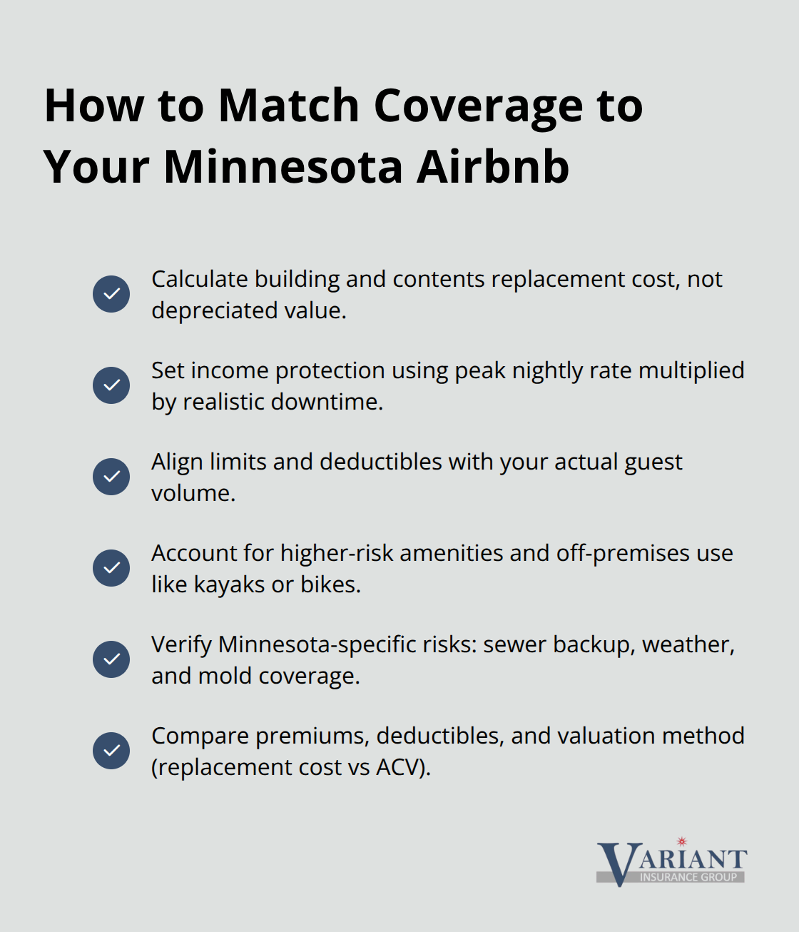Checklist of steps for selecting the right short-term rental insurance in Minnesota - airbnb guests property coverage