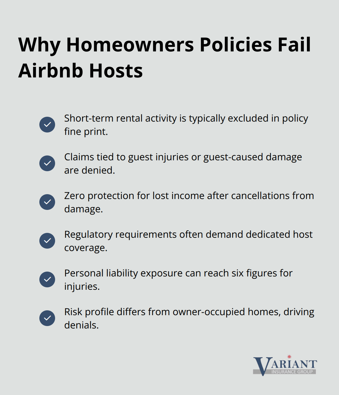 Checklist of key homeowners insurance gaps for short-term rentals - airbnb liability coverage