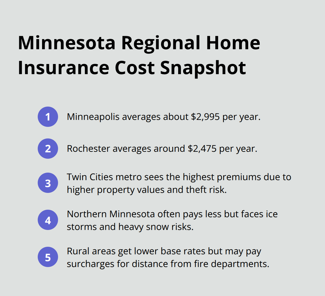 Compact list showing Minnesota regional homeowners insurance cost differences and risk drivers.
