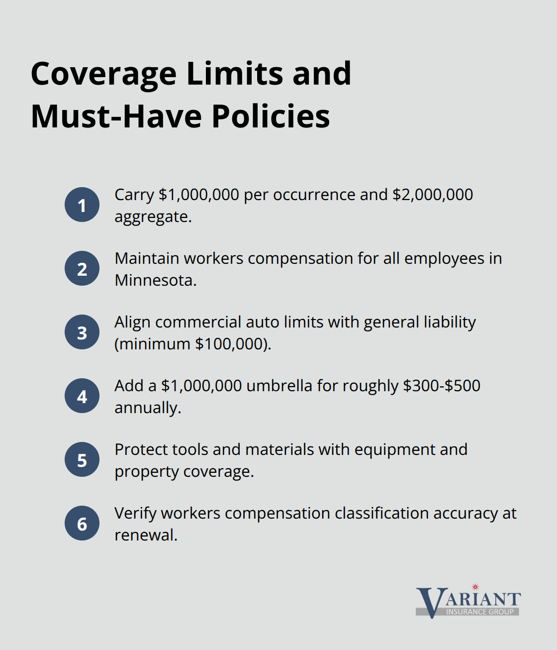 Compact list of essential construction insurance limits and policies for Minnesota contractors.