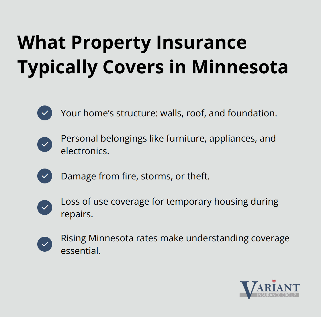 Checklist of what property insurance commonly covers for Minnesota homeowners, including structure, belongings, specific perils, and loss of use. - difference between property and casualty insurance