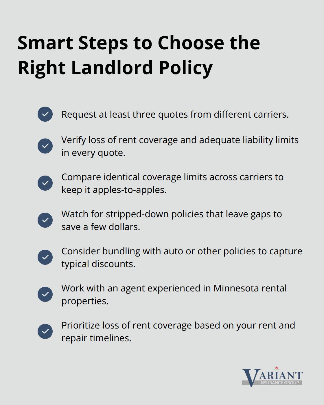 Checklist of key actions to select landlord insurance in Minnesota - homeowners insurance for investment property