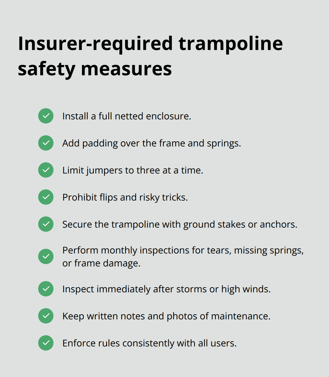 Checklist of safety steps to help keep trampoline coverage valid - homeowners insurance for trampoline