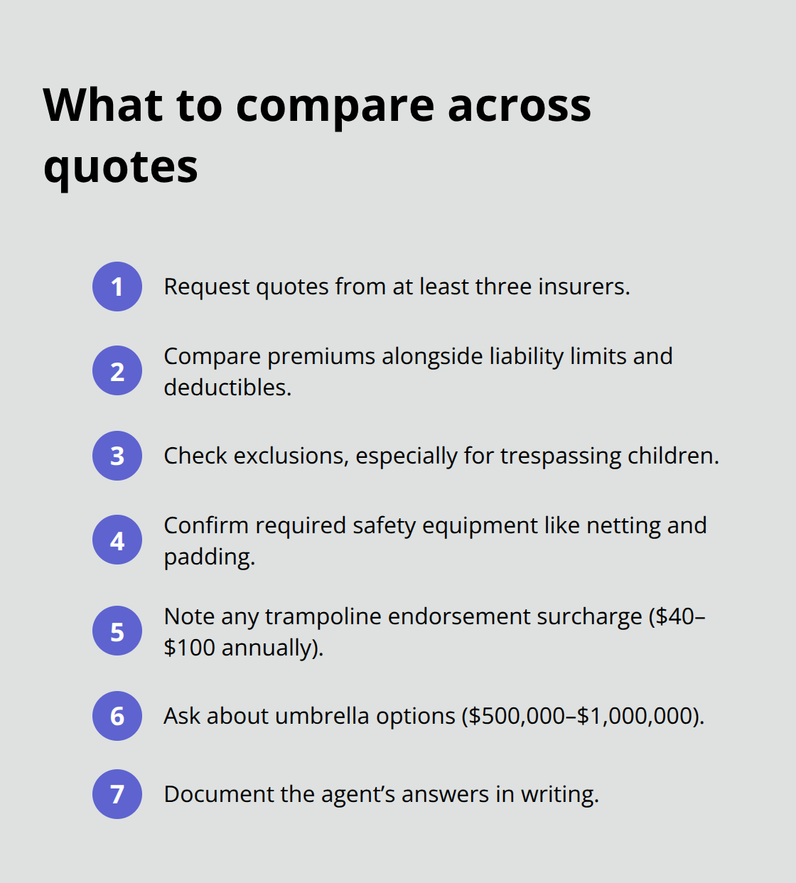 Compact checklist for evaluating trampoline coverage quotes