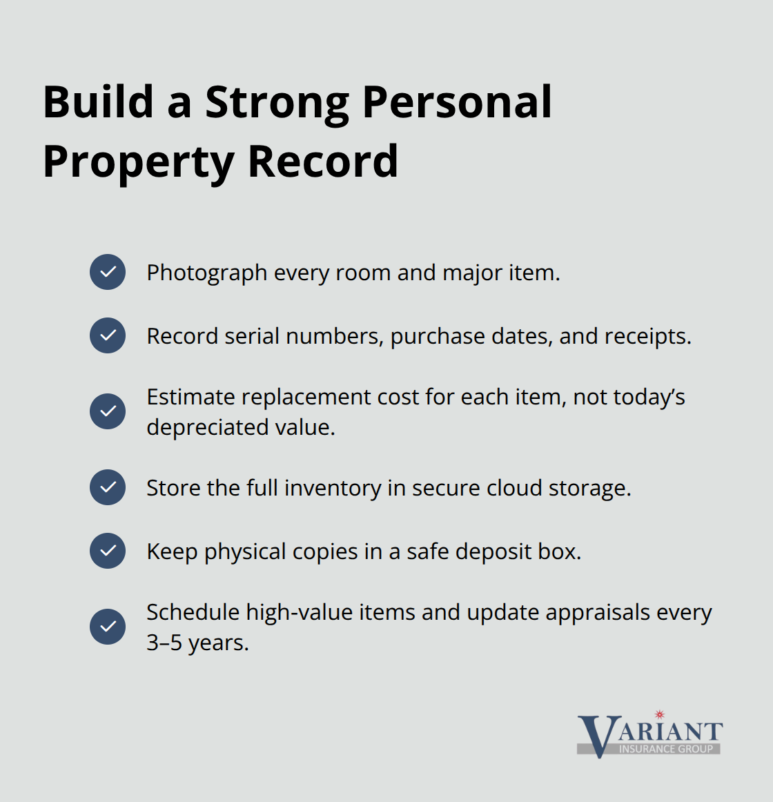 Checklist of steps to document and protect your belongings for smoother claims and accurate coverage. - homeowners insurance personal property