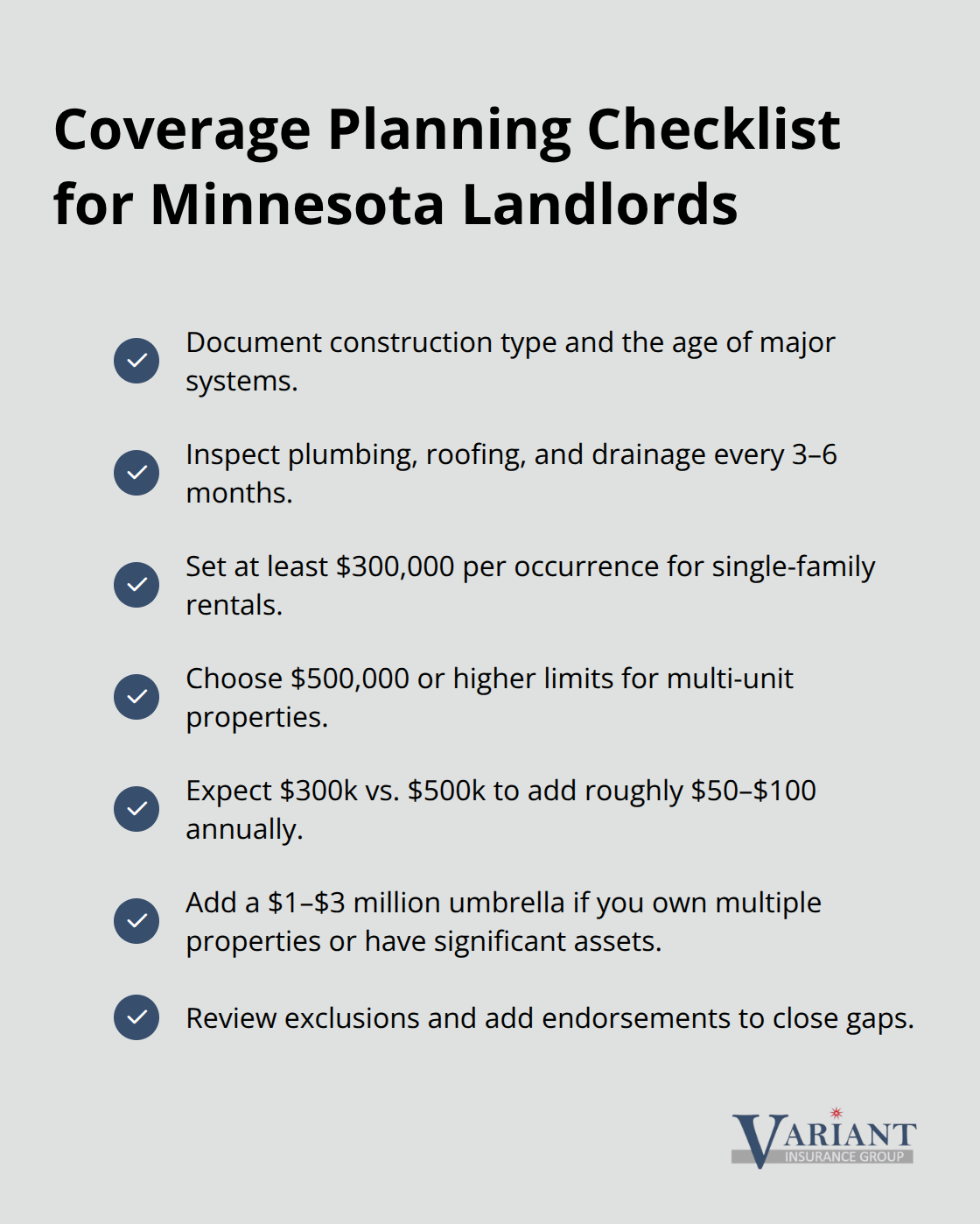 Checklist of actions to set the right liability limits and close coverage gaps for Minnesota rental properties. - liability insurance for rental property