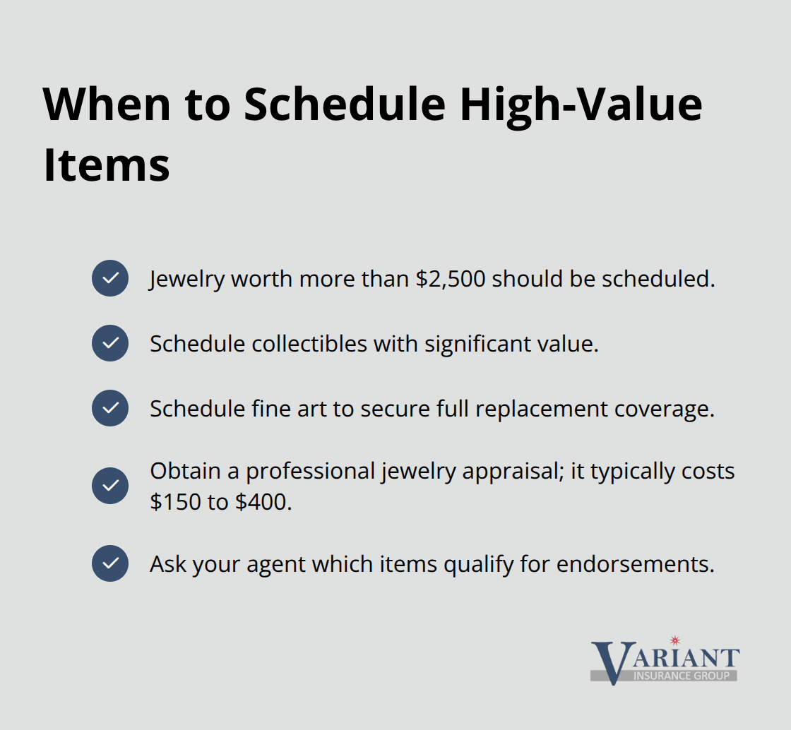 Checklist of situations where scheduling high-value items provides full protection. - personal property insurance covers
