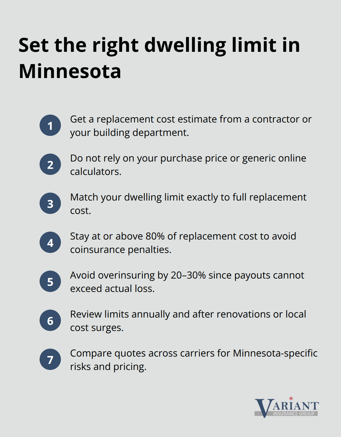 Compact checklist of steps to set an accurate dwelling coverage limit for Minnesota homes. - property insurance coverage types