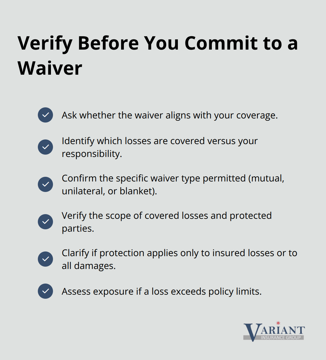 Checklist of items to confirm with your broker before agreeing to a waiver of subrogation