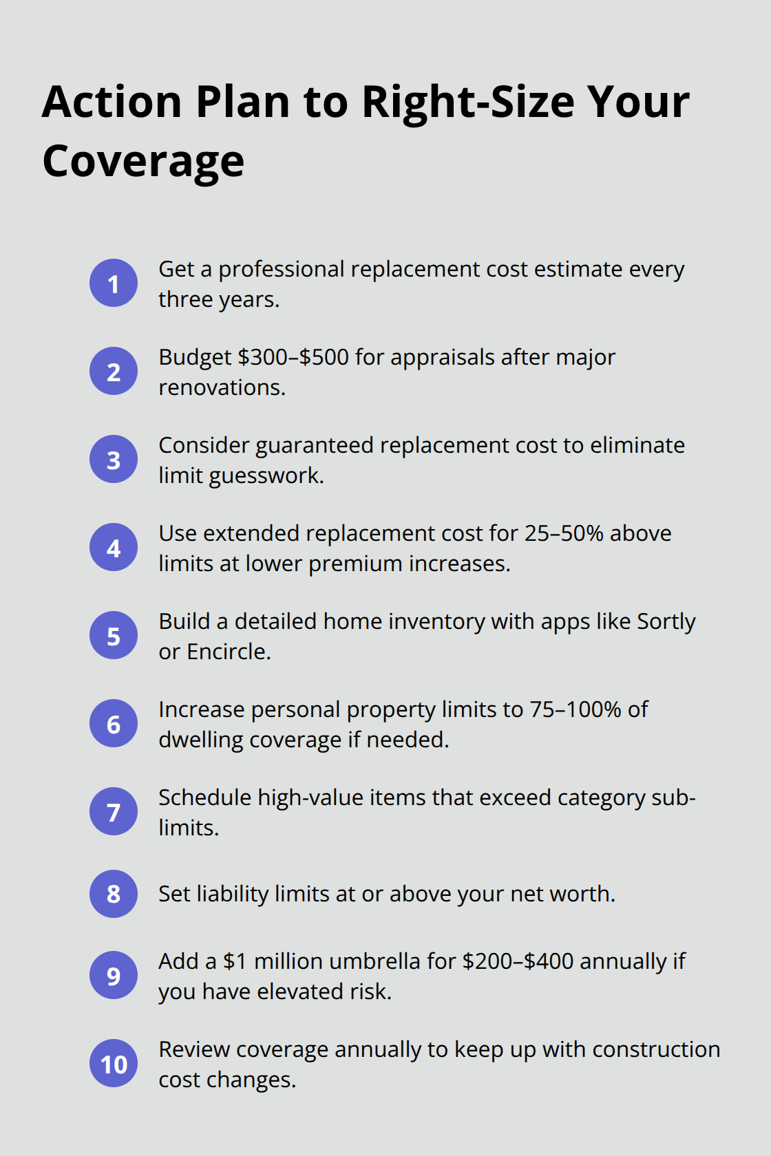 Compact checklist of steps to optimize homeowners insurance limits - what does homeowners insurance cover