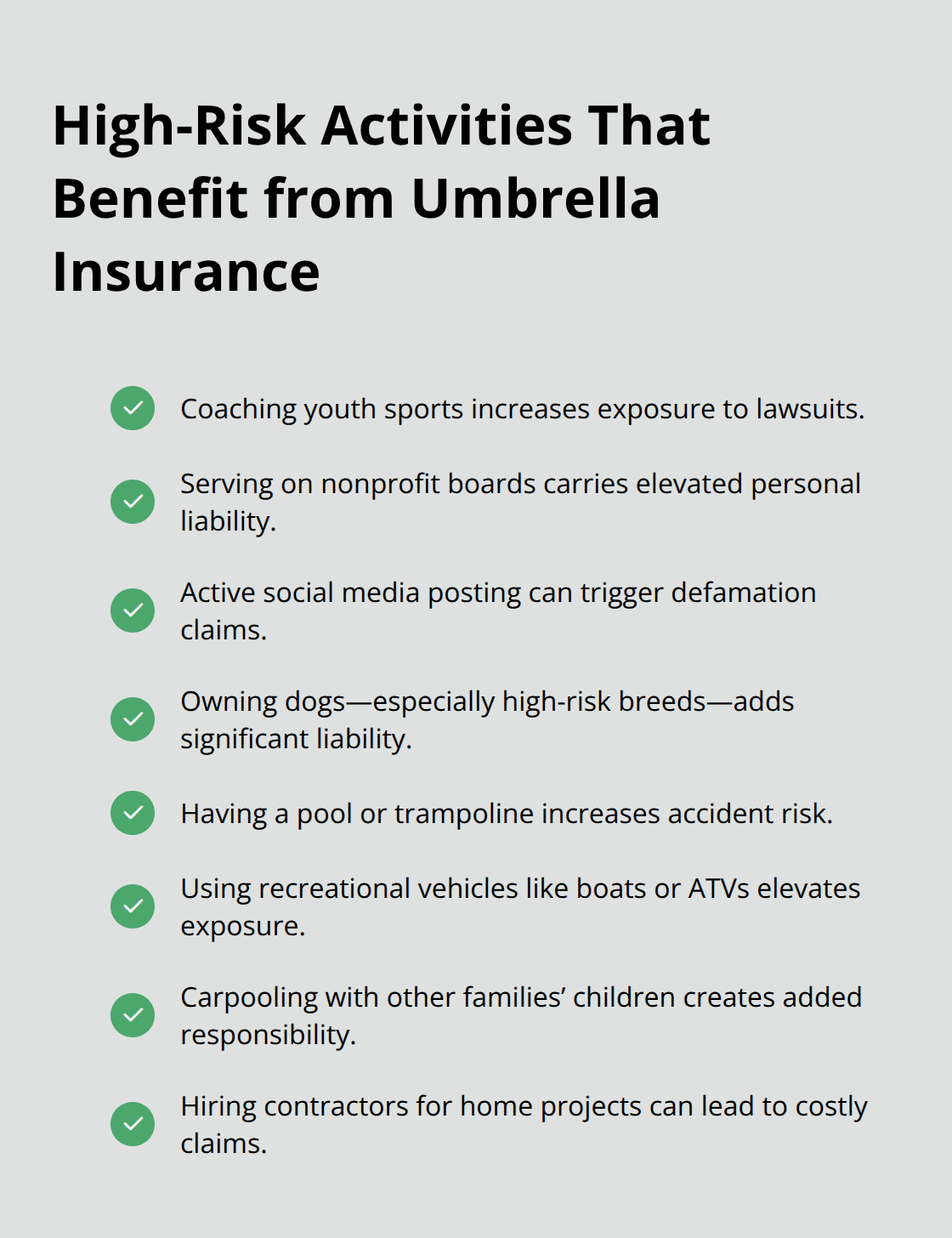 Checklist of activities that increase liability risk and strengthen the case for umbrella insurance. - what is personal umbrella insurance